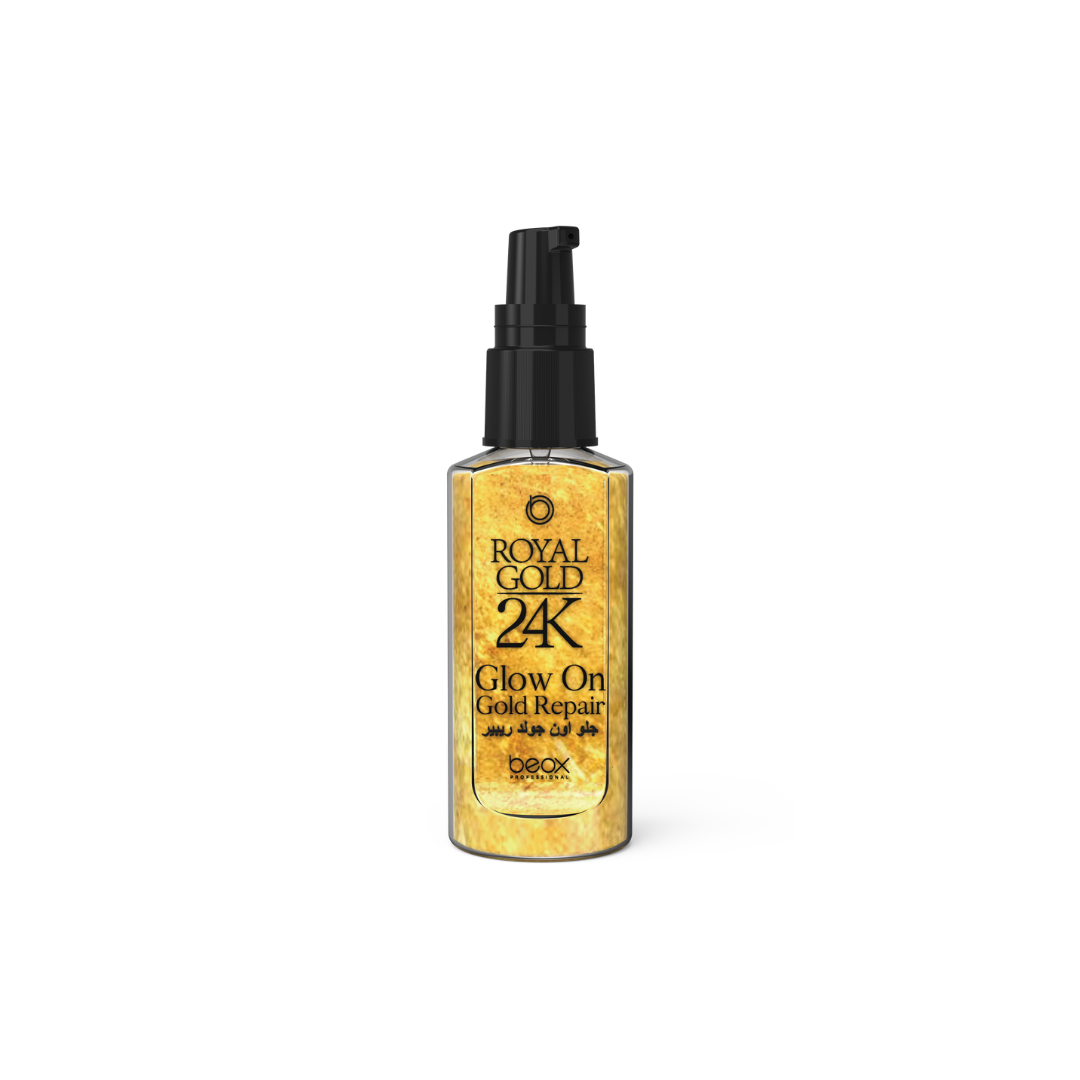 A bottle of Beox 24K Glow on Oil with a black pump, labeled with gold accents.