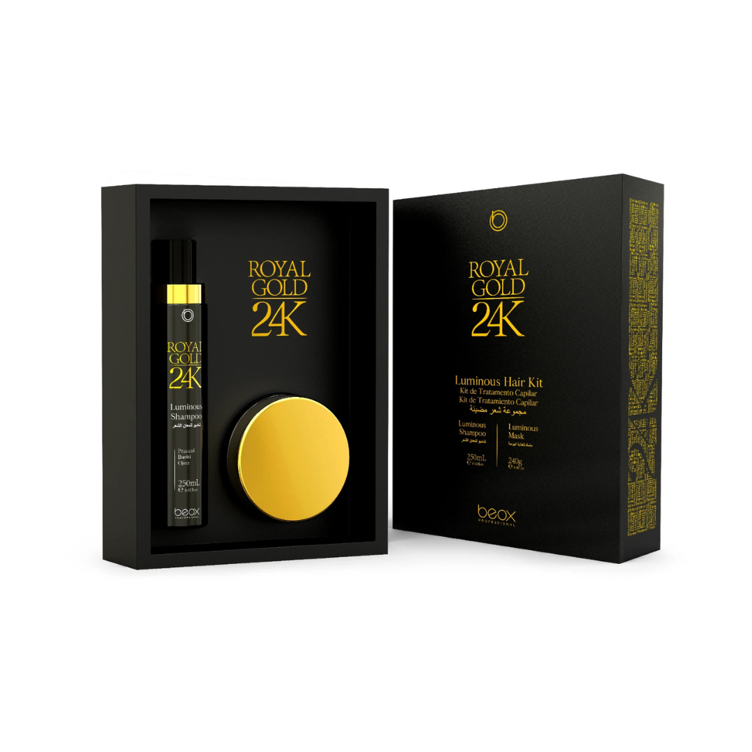 A Beox 24K Luminous Home Care Set in packaging, displaying a shampoo bottle and a gold-colored circular object, likely a hair mask, against a black background.