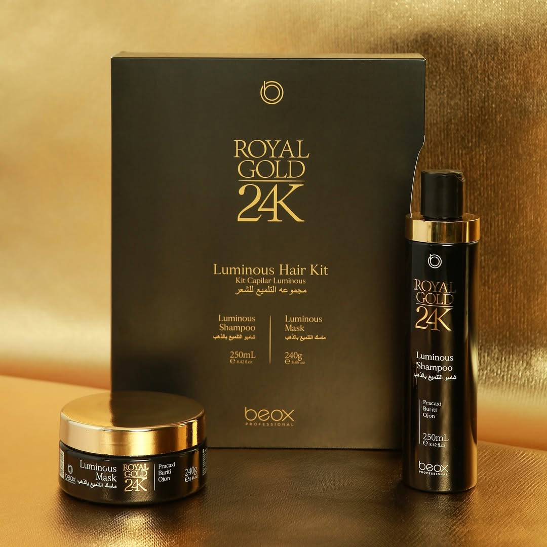 Royal Gold 24K Luminous Hair Kit with shampoo, mask, and packaging on a gold background