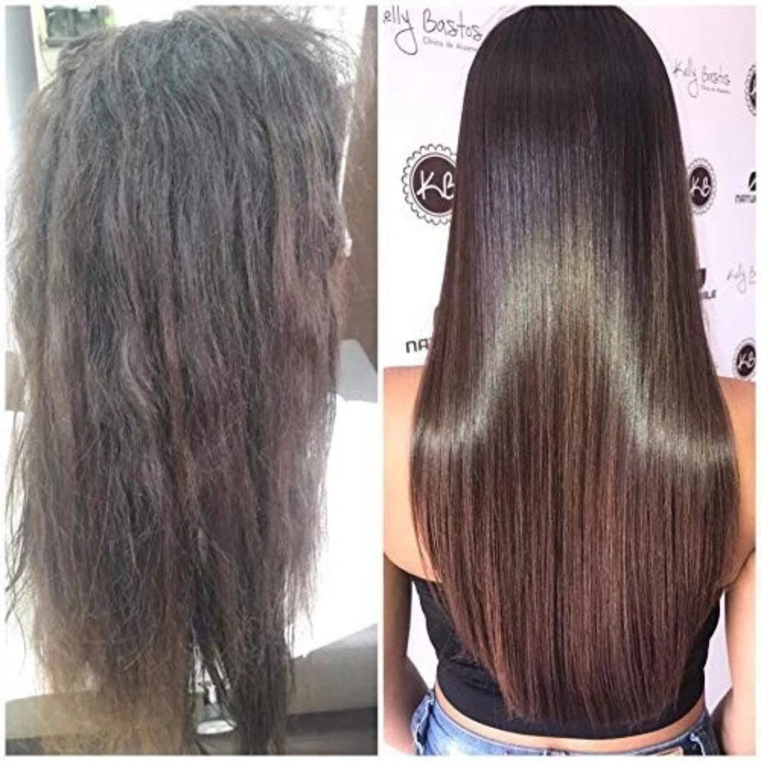 Before and after comparison of hair treatment showing a person with frizzy hair on the left and smooth, straight hair on the right.