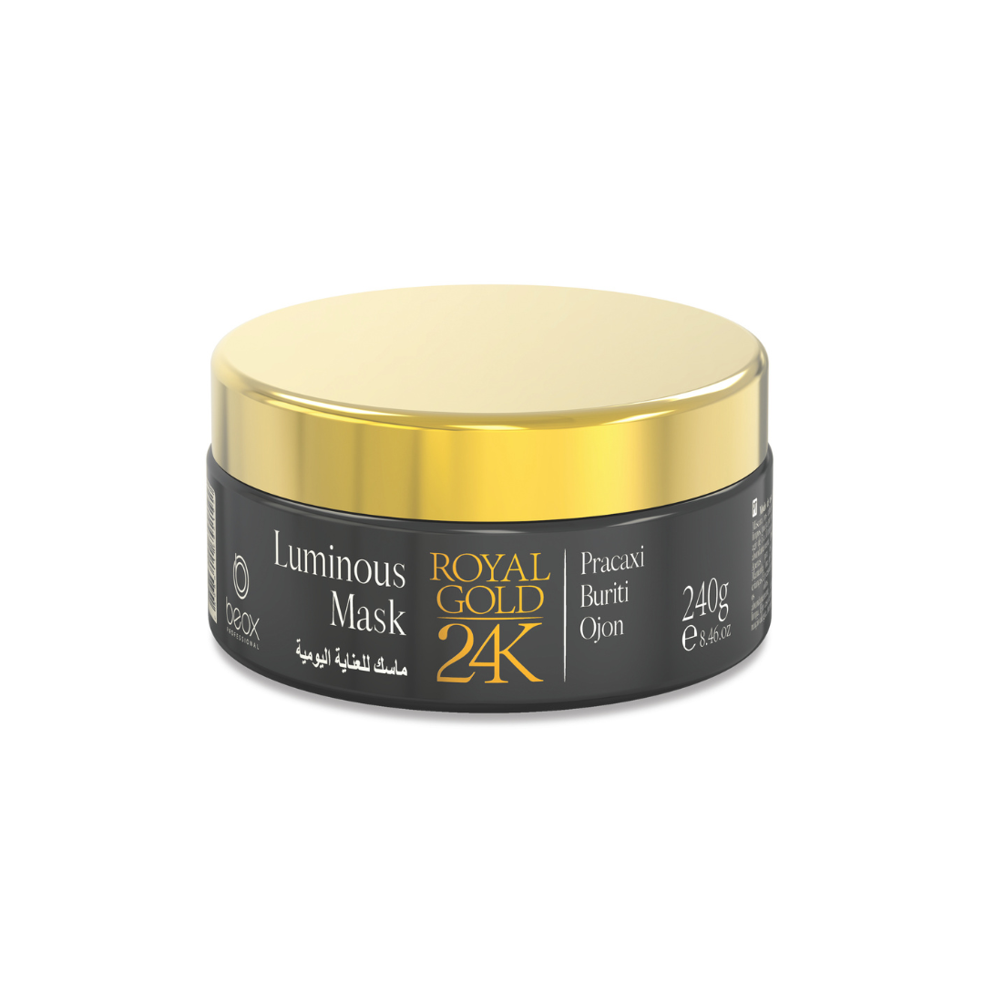A jar of Beox 24K Luminous Mask hair color product with a black body and gold-colored lid.