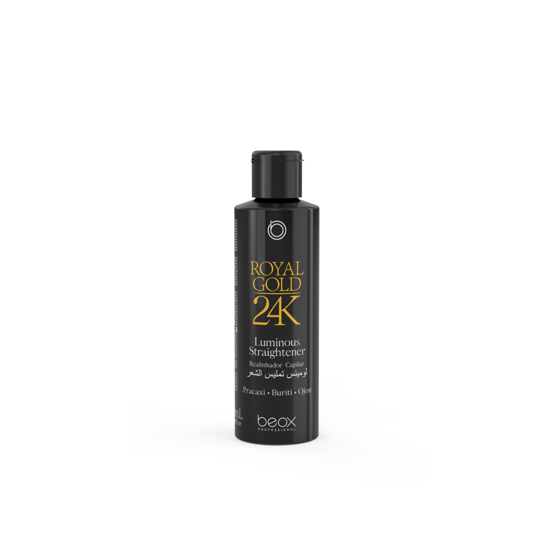 A black bottle of Beox 24K Luminous straightener with white and gold text on the label.