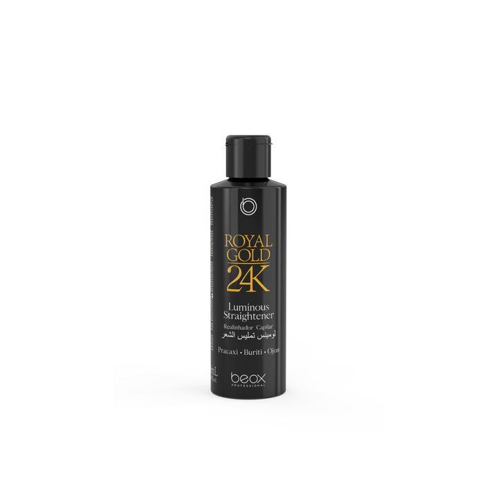 A black bottle of Beox 24K Luminous straightener with white and gold text on the label.