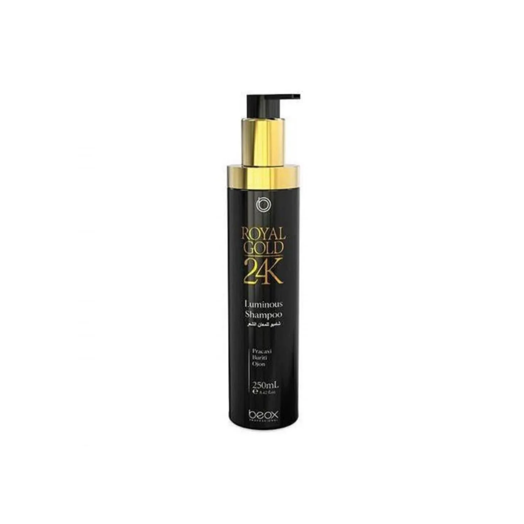 A bottle of Beox 24K Luminous Shampoo with a black and gold label design, featuring a pump dispenser.