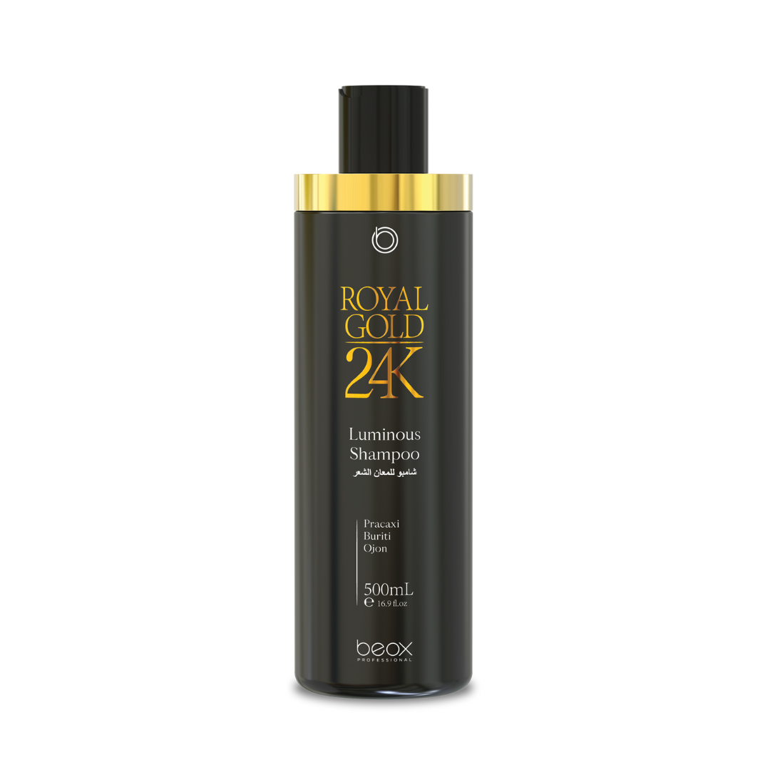 Black shampoo bottle with gold accents labeled 'Royal Gold 24K' on a white background