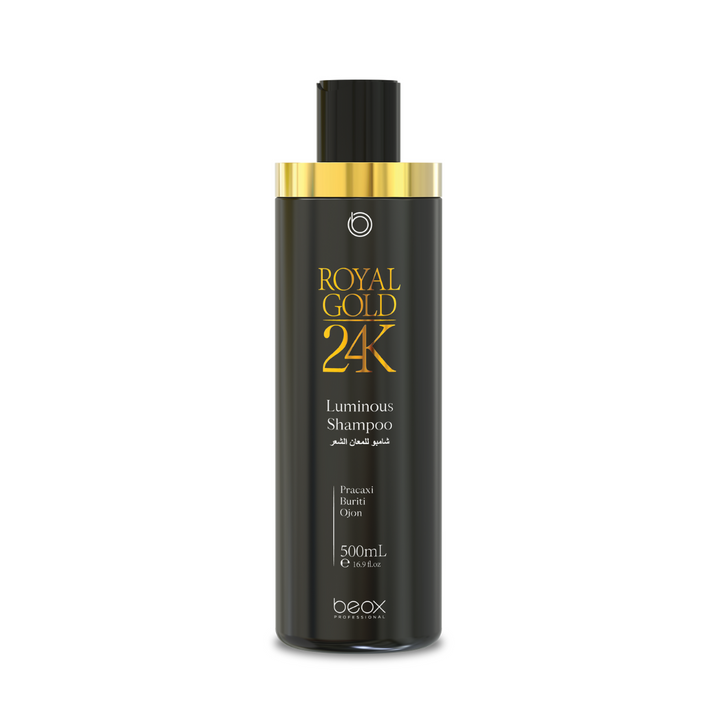 Black shampoo bottle with gold accents labeled 'Royal Gold 24K' on a white background