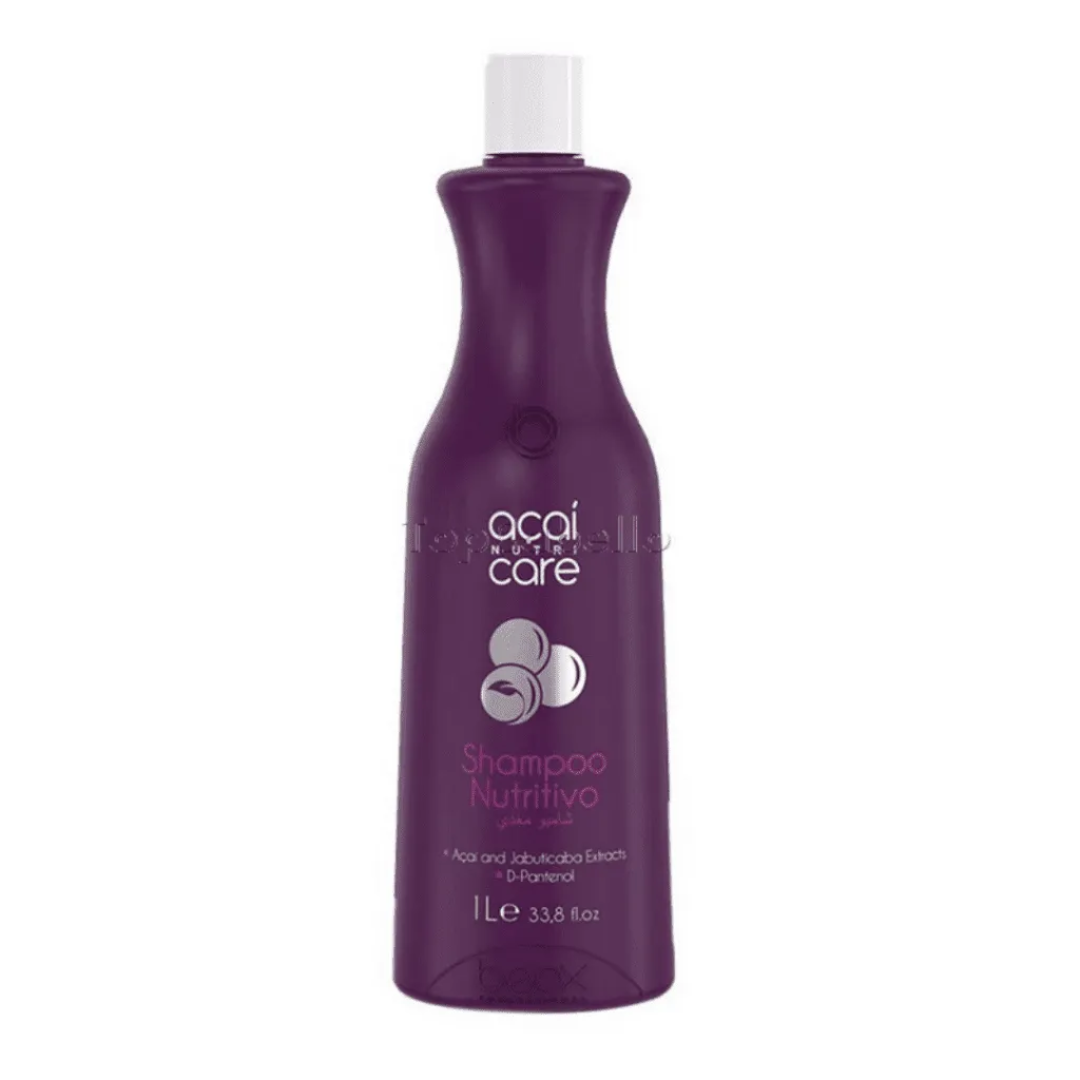 A bottle of Beox Acai and Jebuticaba Nutritive Shampoo with a purple label and cap, displaying the brand and product name.