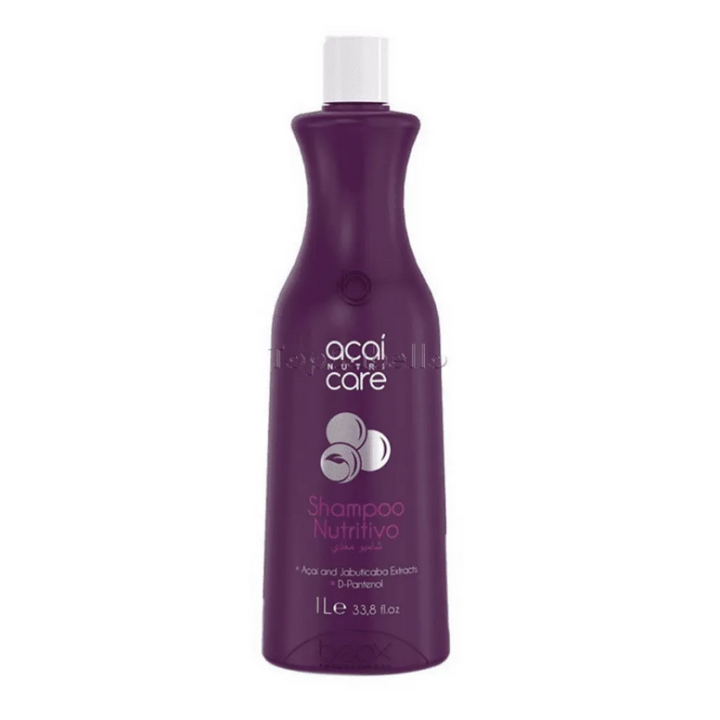 A bottle of Beox Acai and Jebuticaba Nutritive Shampoo with a purple label and cap, displaying the brand and product name.